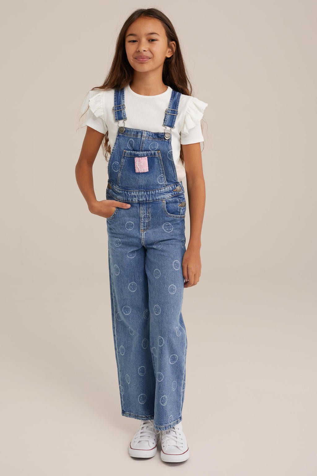 Blauwe meisjes WE Fashion Blue Ridge relaxed fit tuinbroek blue used van denim met gesp