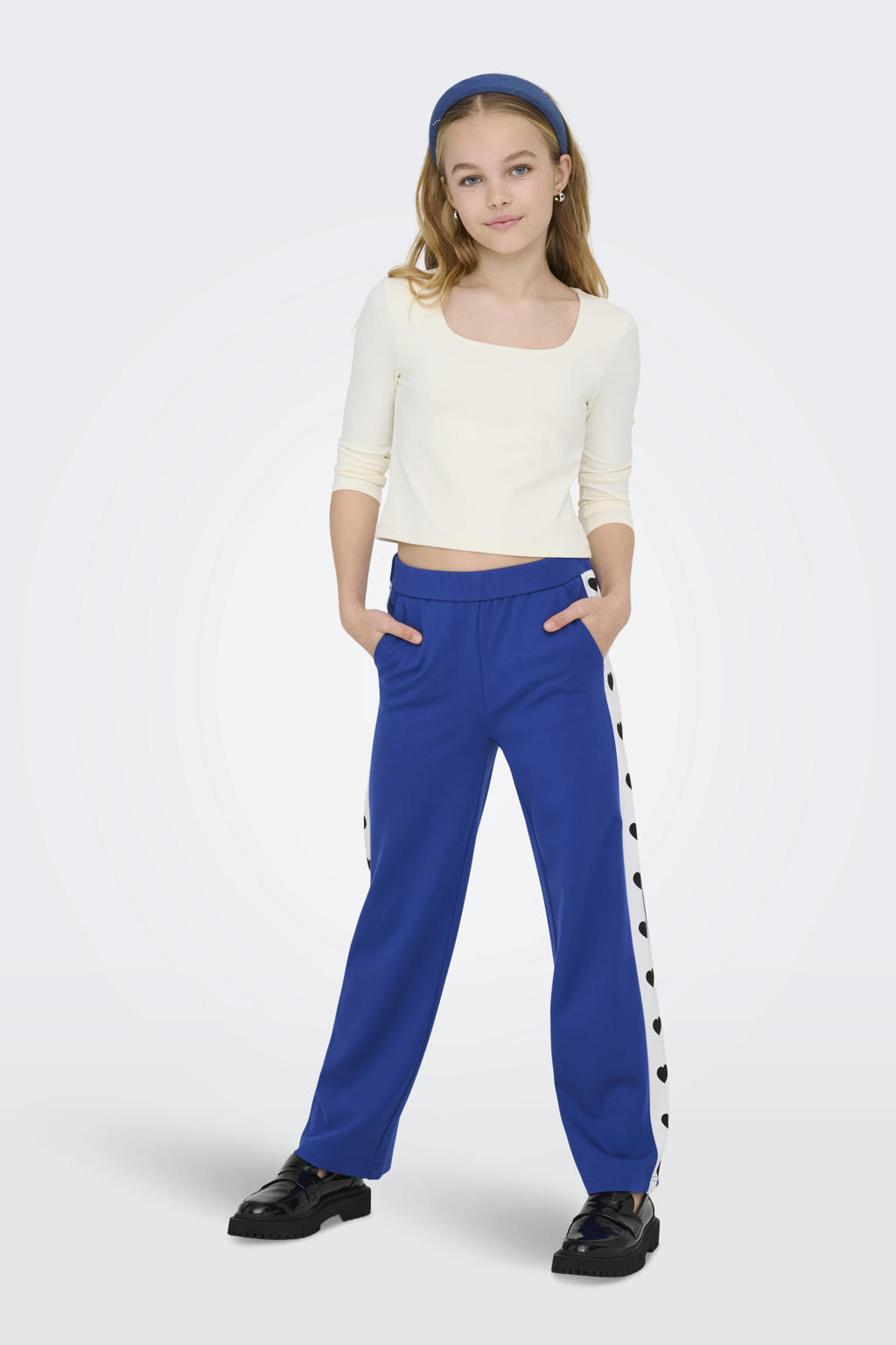 Donkerblauwe meisjes KIDS ONLY GIRL casual broek van polyester met loose fit, elastische tailleband en hartjesprint