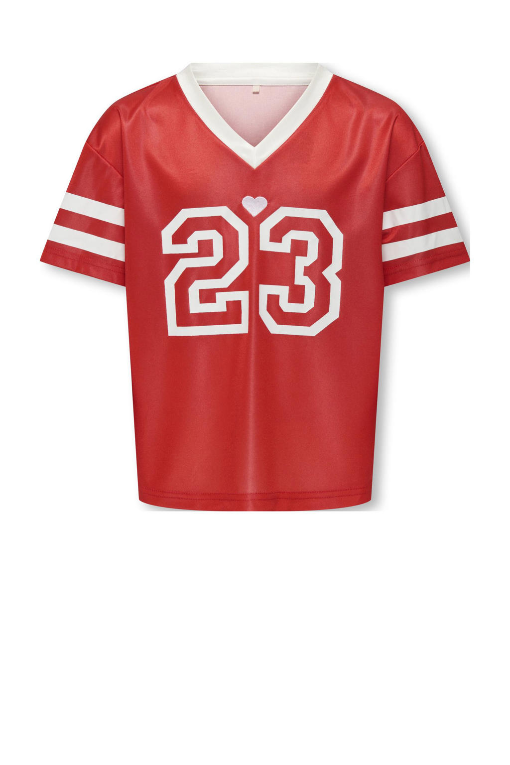 Rood en witte meisjes KIDS ONLY GIRL T-shirt met effen, korte mouwen, V-hals en gebreide details