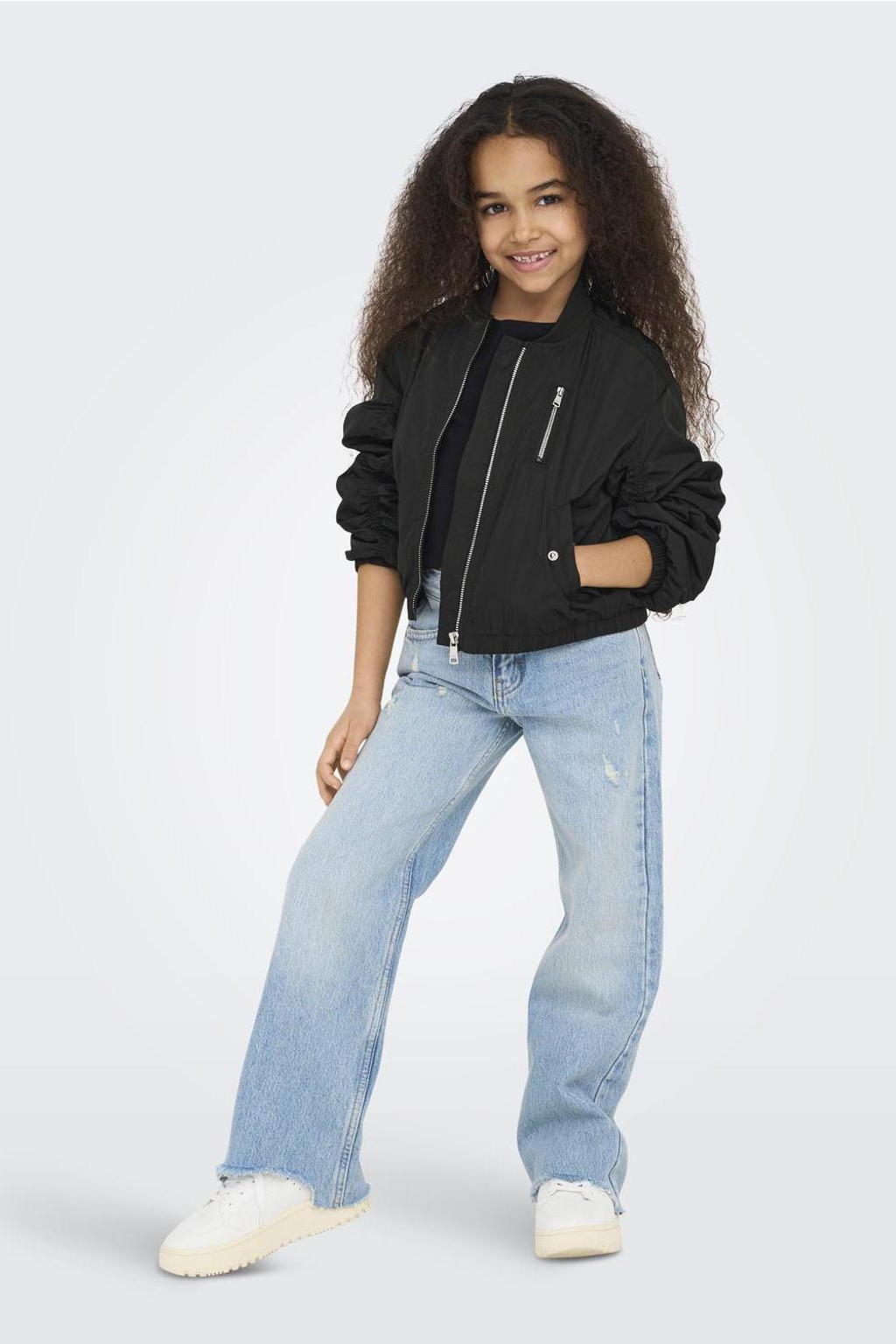 Zwarte meisjes KIDS ONLY GIRL bomberjack van polyester met effen, lange mouwen, ronde hals en ritssluiting
