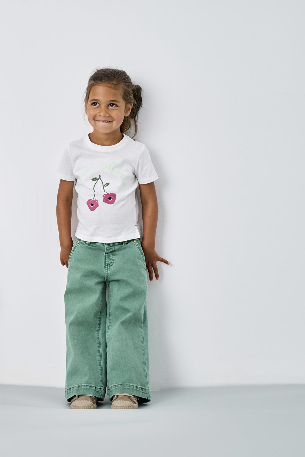 Witte meisjes KIDS ONLY MINI T-shirt van katoen met printopdruk, korte mouwen, ronde hals en borduursels