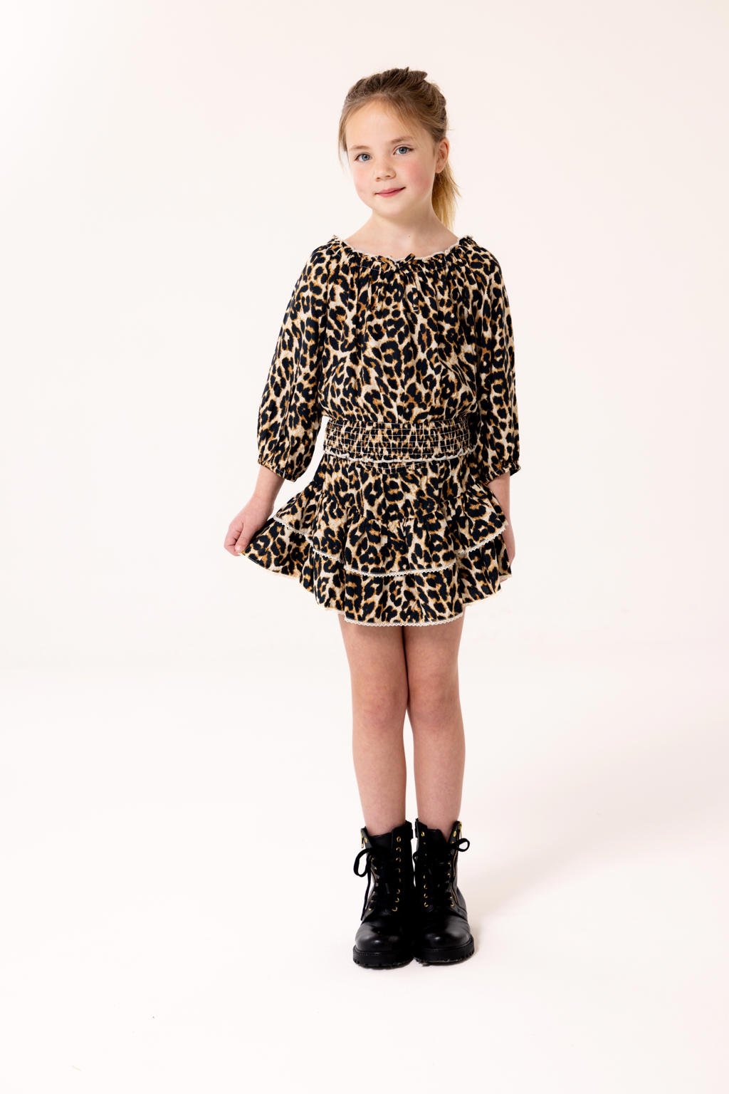 Zwart en beige meisjes KIDS ONLY GIRL strokenrok met panterprint gemaakt van viscose