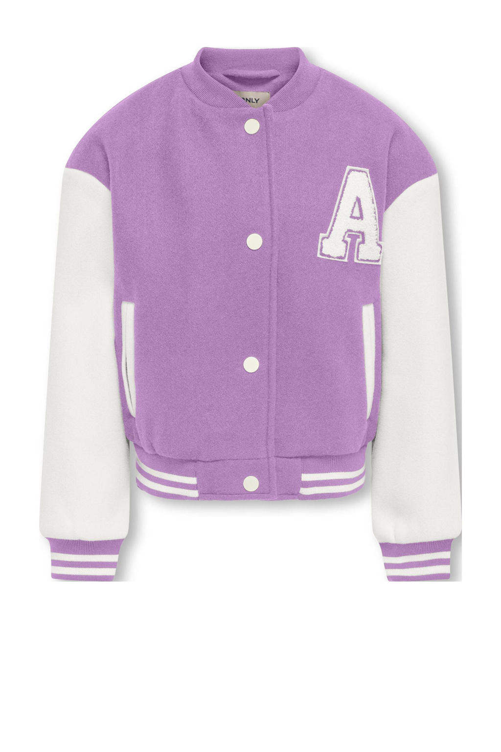 Paarse meisjes KIDS ONLY GIRL bomberjack van polyester met effen, lange mouwen, ronde hals, rits- en drukknoopsluiting en quilted