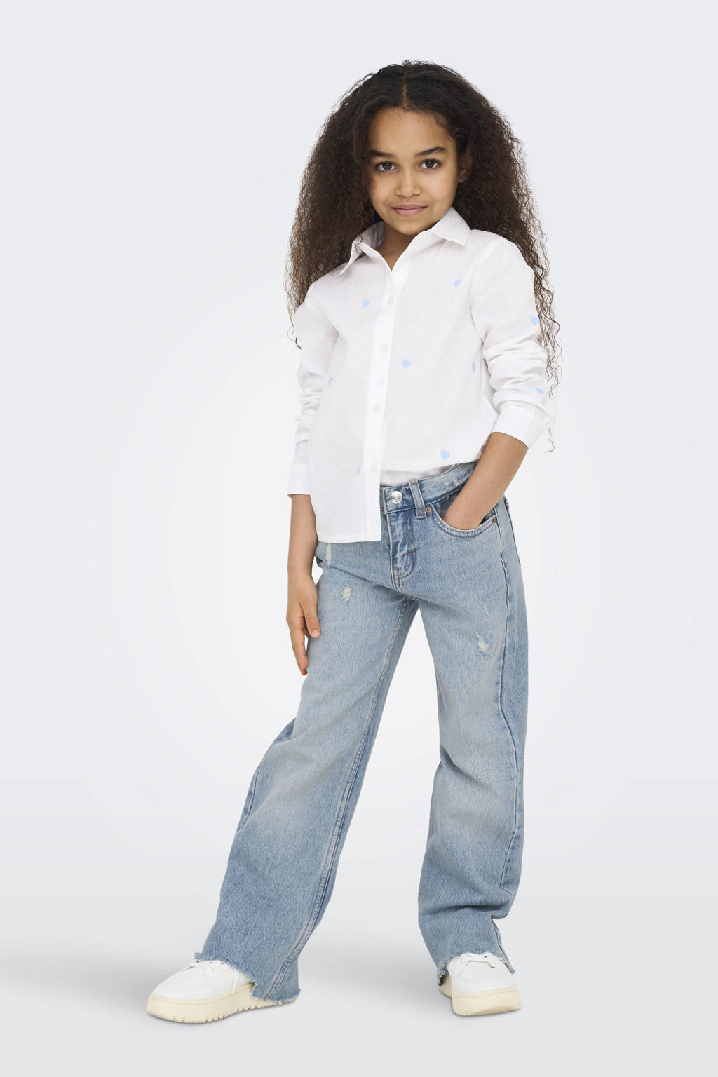 Light blue denim meisjes KIDS ONLY GIRL wide leg high waist jeans van denim met rits- en knoopsluiting en effen