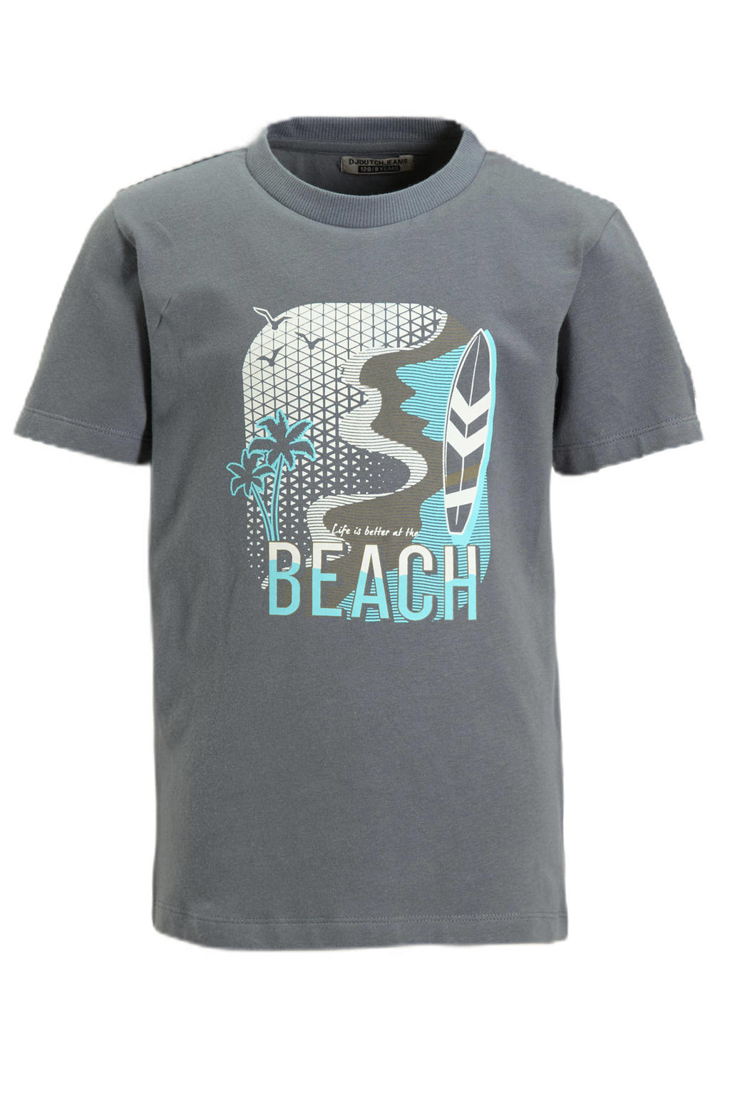 Antraciet, wit en blauwe jongens DJ Dutchjeans T-shirt van katoen met printopdruk, korte mouwen en ronde hals