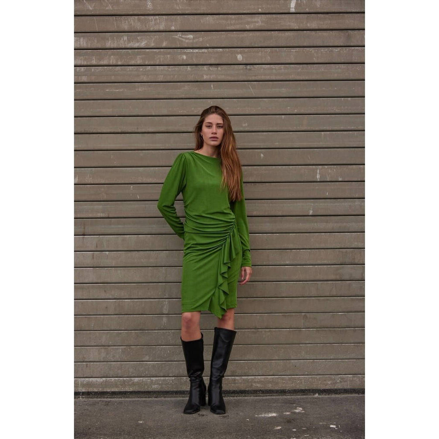 Bruuns Bazaar Groene gedrapeerde jurk met boot hals Green Dames
