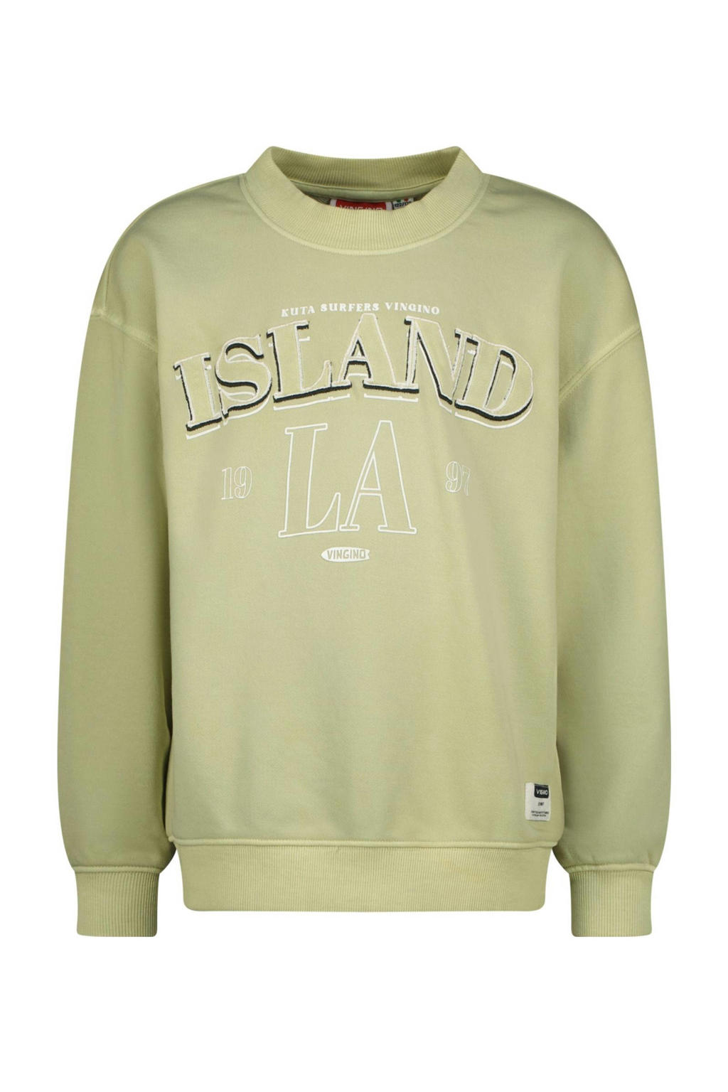 Groene jongens Vingino sweater van katoen met printopdruk, lange mouwen, opstaande kraag en geribde boorden