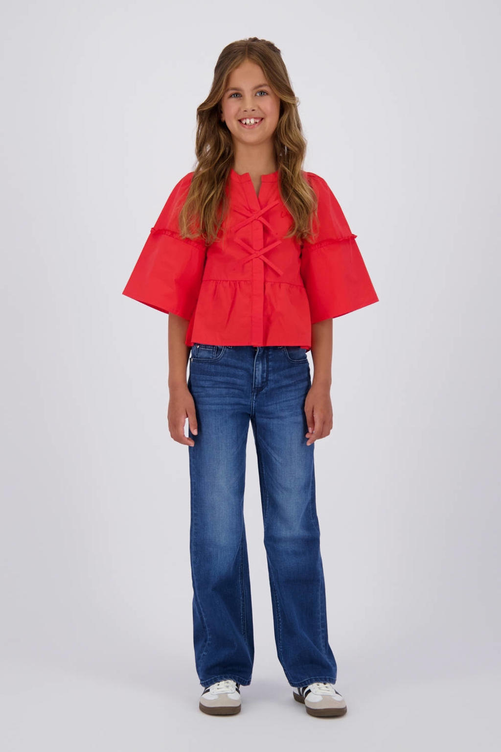Rode meisjes Vingino blouse van katoen met effen, half lange mouwen, opstaande kraag en knoopsluiting