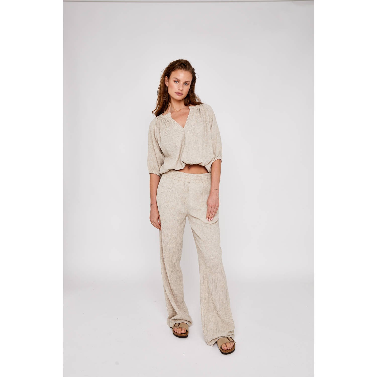 Moscow linnen wide leg regular waist casual broek zand