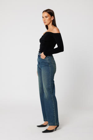high waist wide leg jeans dark blue denim