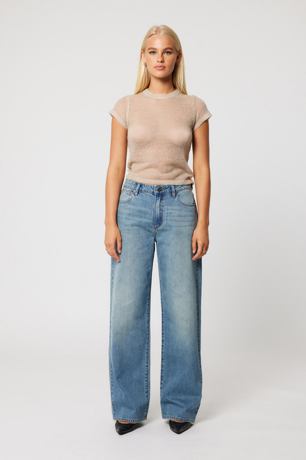Medium blue denim dames Abrand Jeans wide leg jeans van denim met rits- en knoopsluiting en effen
