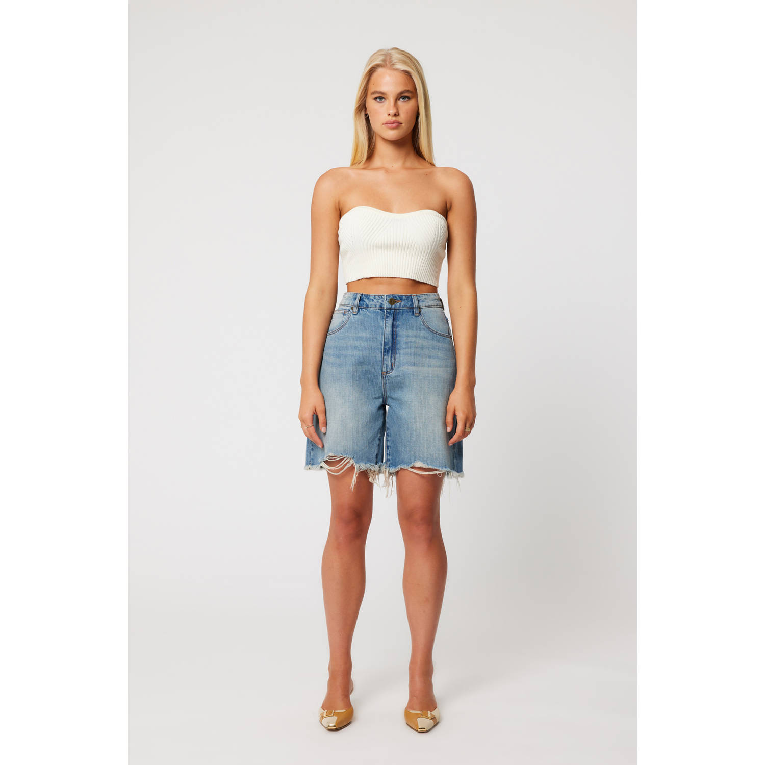 Abrand Jeans denim wide leg high waist short medium blue denim