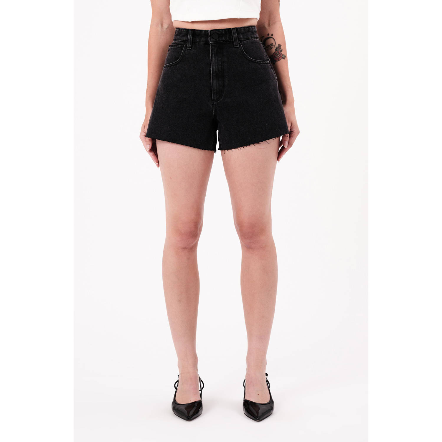 Abrand Jeans straight high waist denim short black denim
