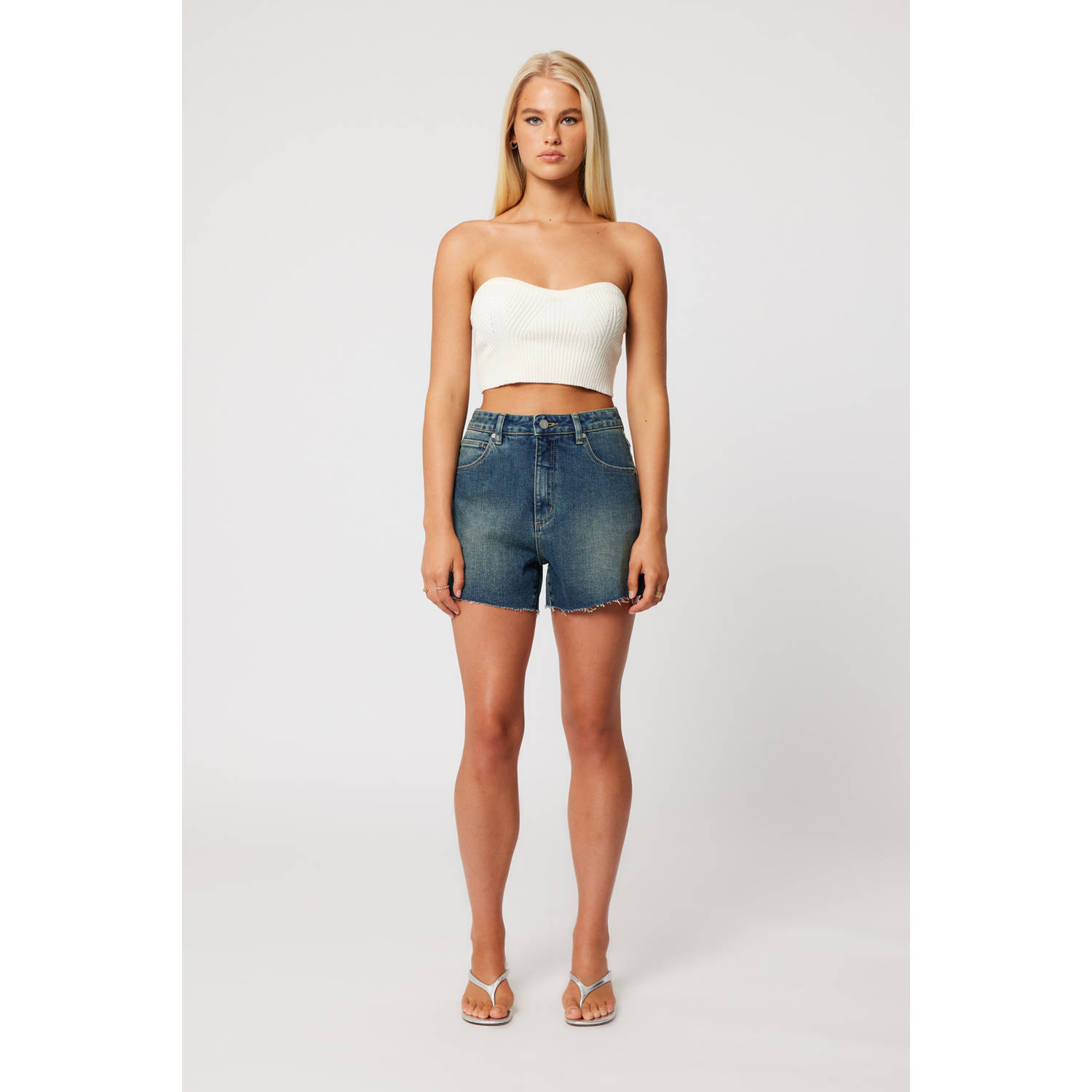 Abrand Jeans denim straight high waist short medium blue denim
