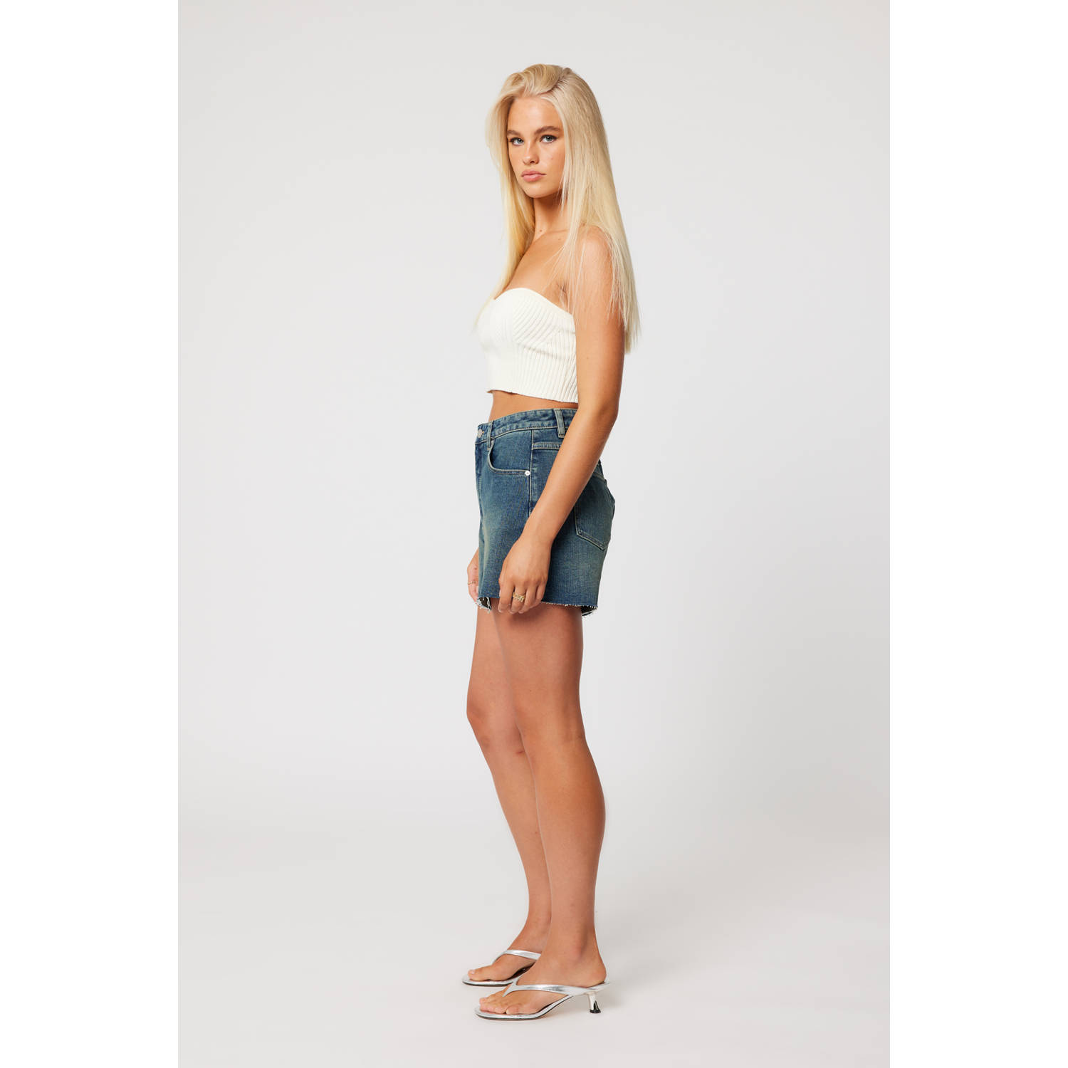 Abrand Jeans denim straight high waist short medium blue denim