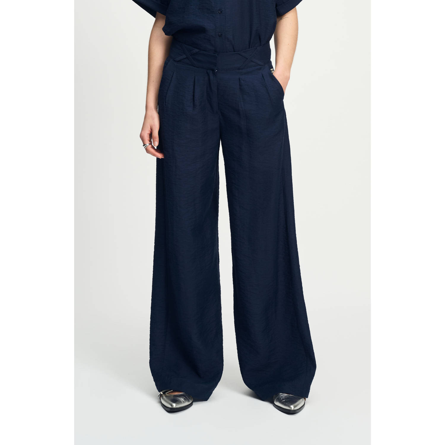 POM Amsterdam wide leg high waist pantalon donkerblauw