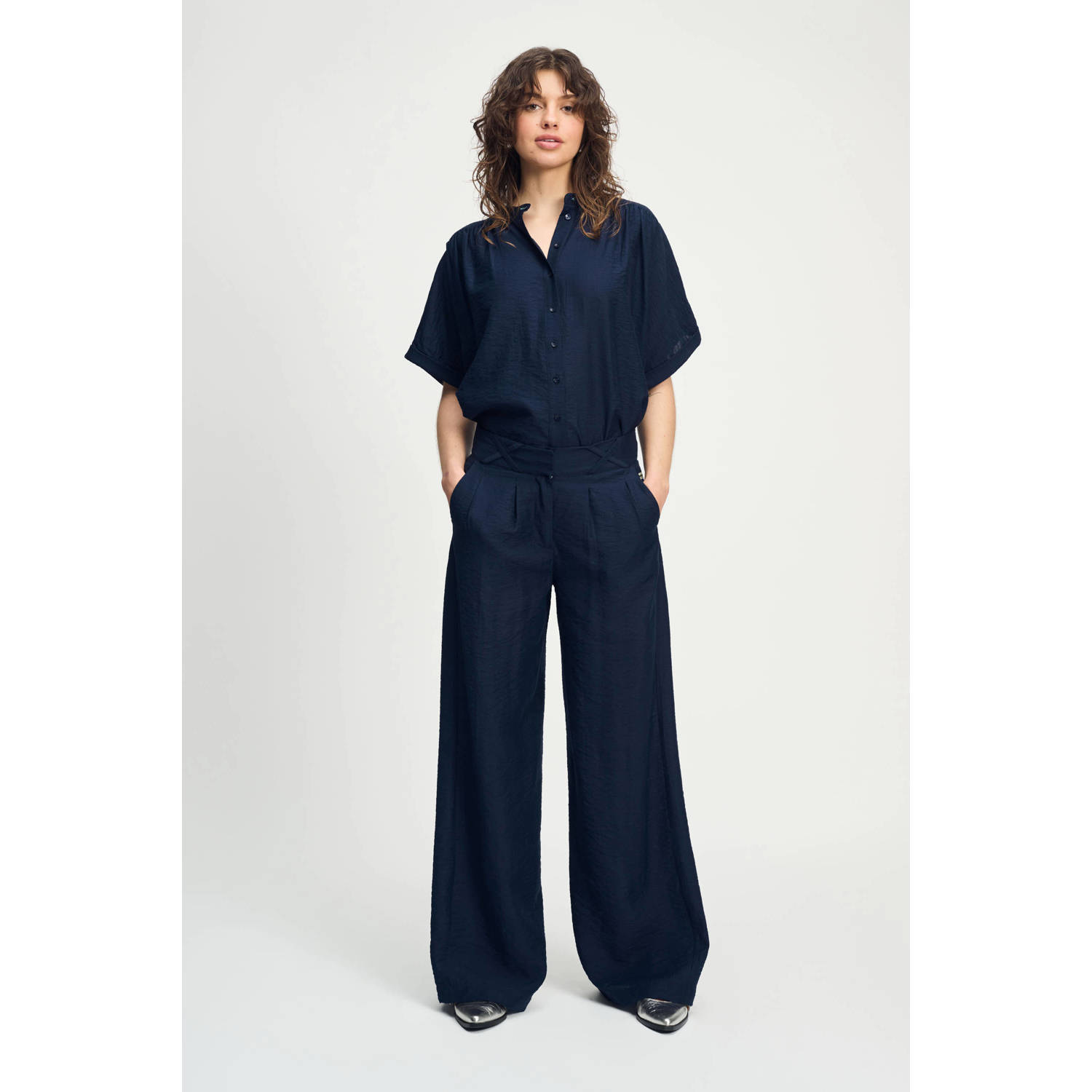 POM Amsterdam wide leg high waist pantalon donkerblauw