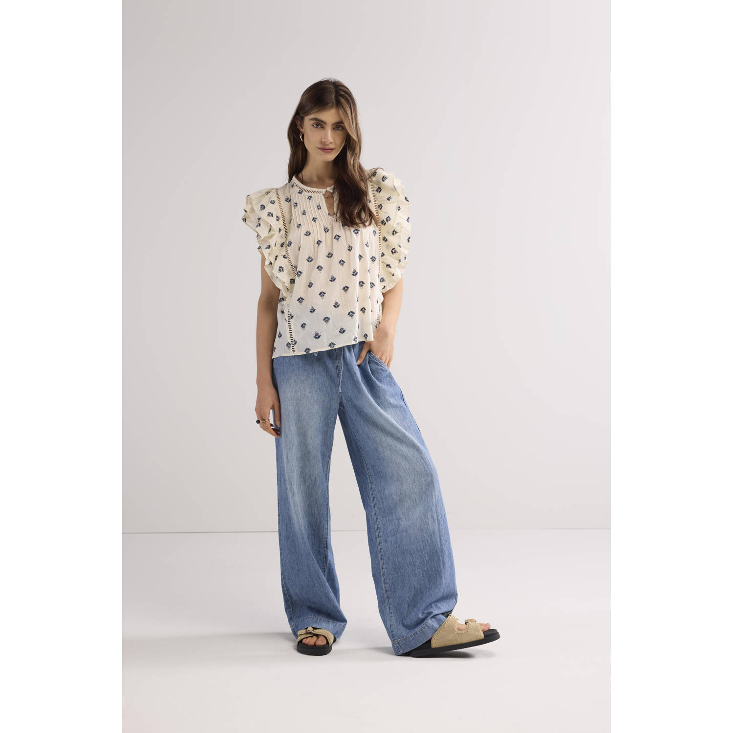 Summum linnen wide leg regular waist casual broek medium blue denim