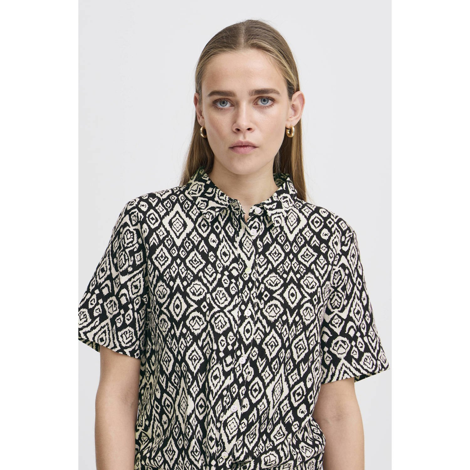 Ichi Regular fit blouse van een mix van linnen en viscose met knoopdetail