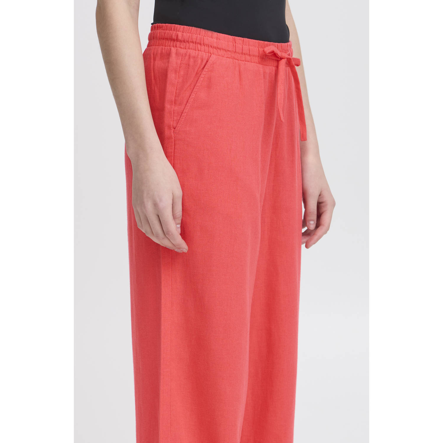 ICHI linnen wide leg casual broek koraalrood
