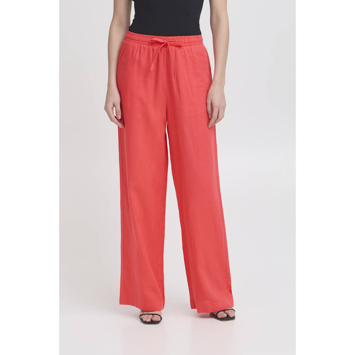 ICHI linnen wide leg casual broek koraalrood