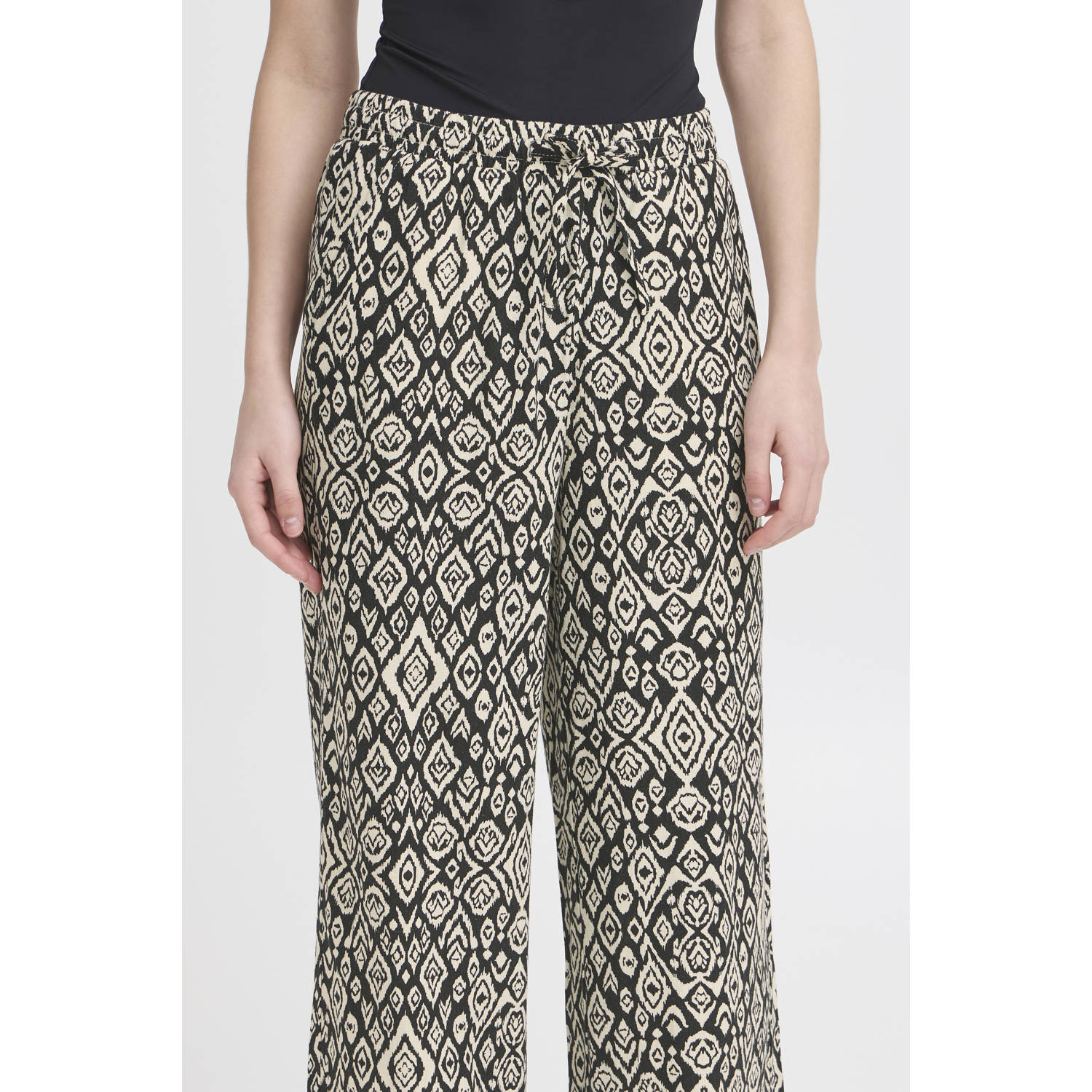 ICHI linnen wide leg casual broek zwart
