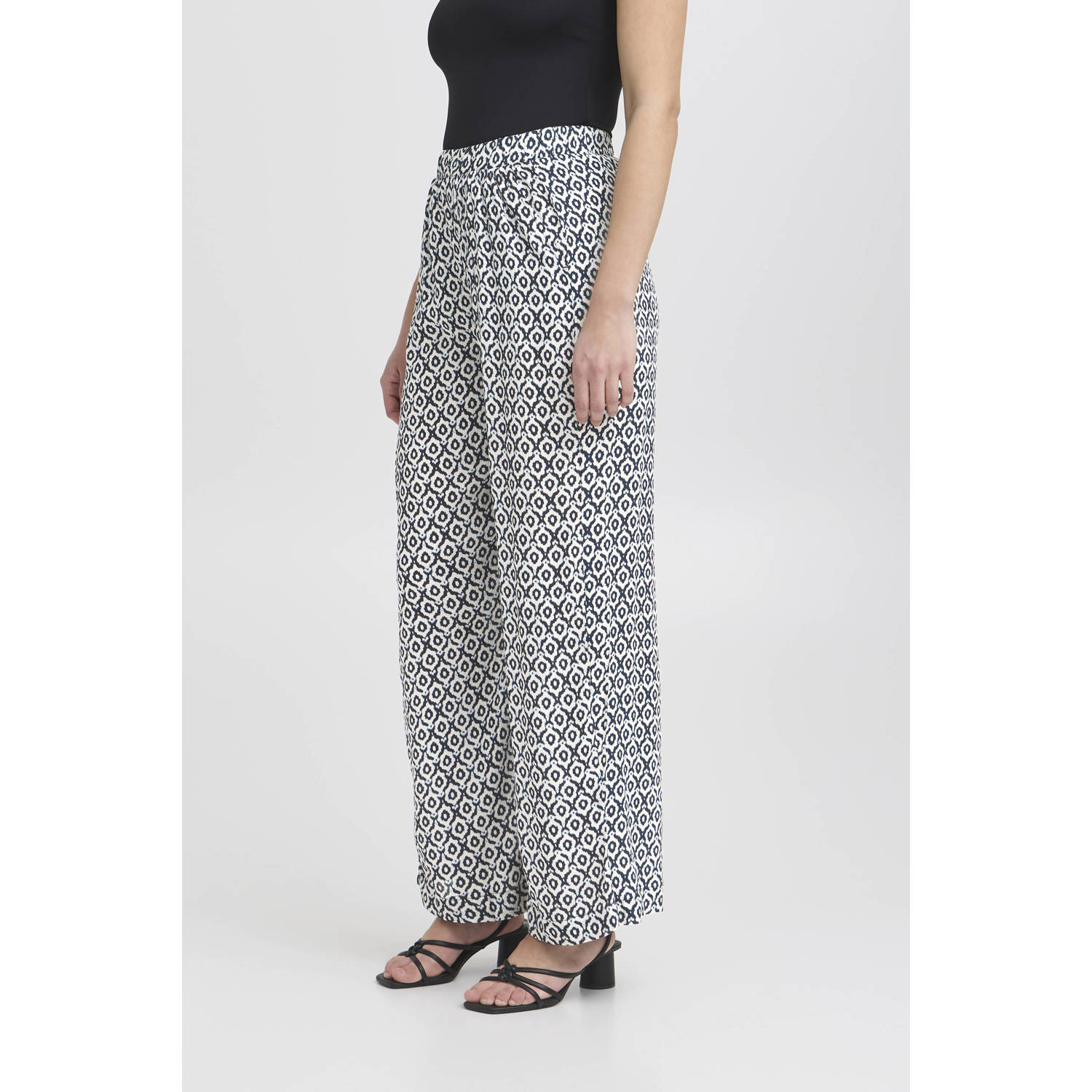 ICHI wide leg regular waist casual broek donkerblauw