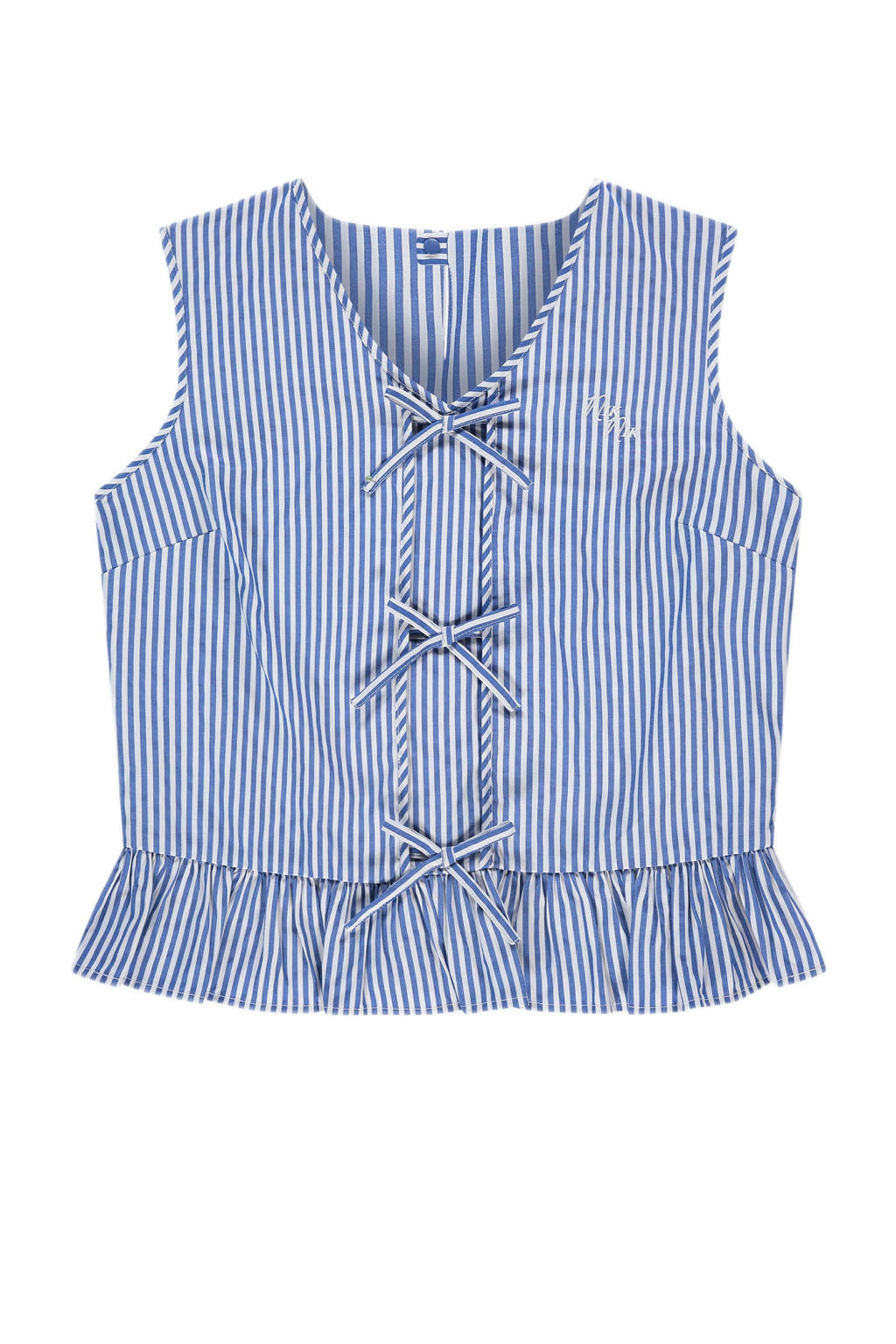 Blauw en witte meisjes NIK&NIK mouwloze top van polyester met strepenprint, V-hals en strikje