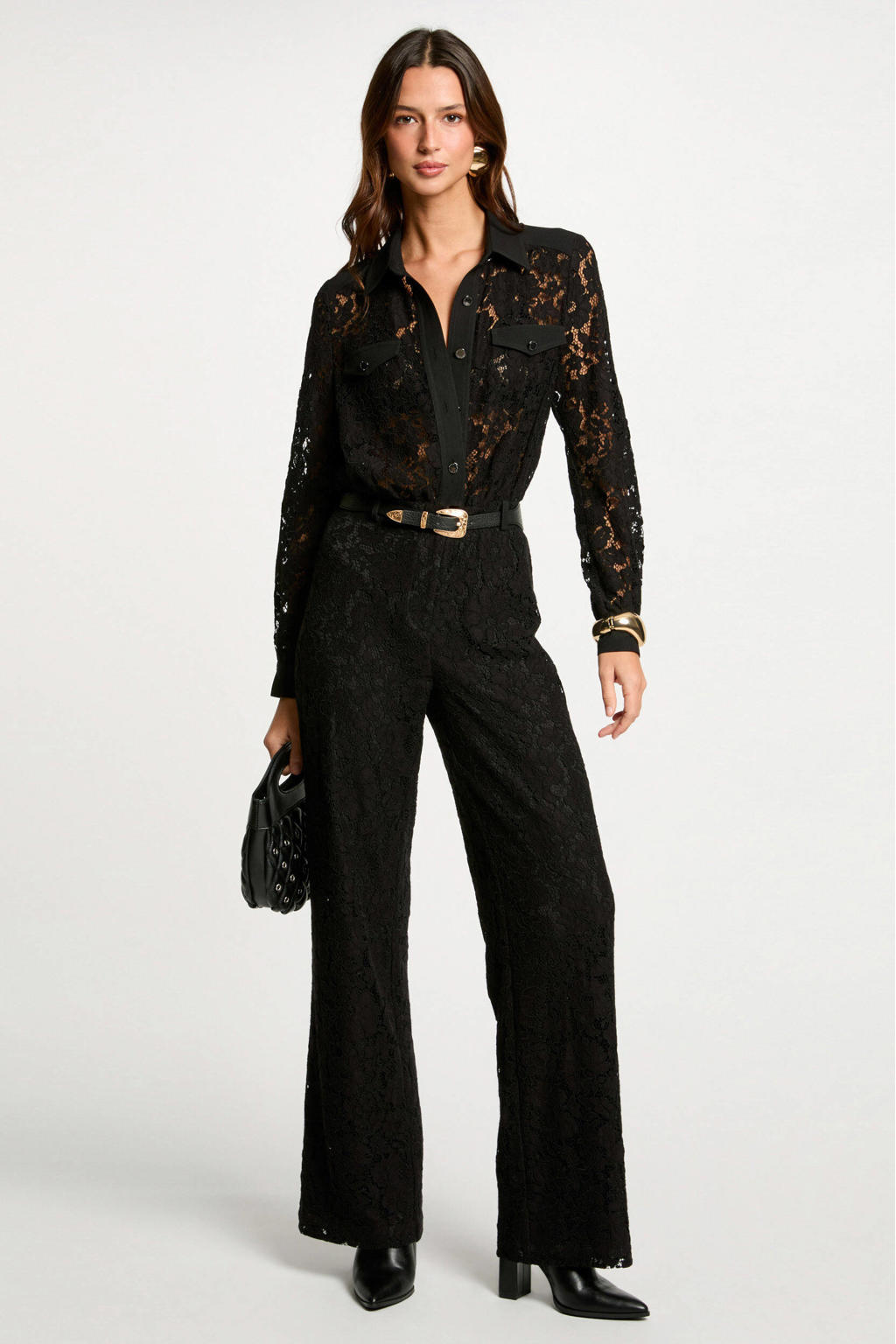 Zwarte dames Morgan kanten jumpsuit met effen, lange mouwen, klassieke kraag en knoopsluiting