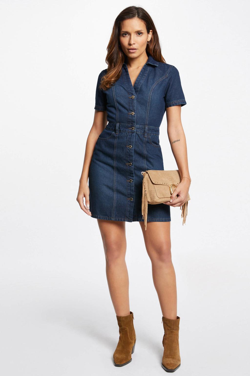 Dark blue denim dames Morgan blousejurk van denim met effen, korte mouwen, V-hals, knoopsluiting en riemlussen