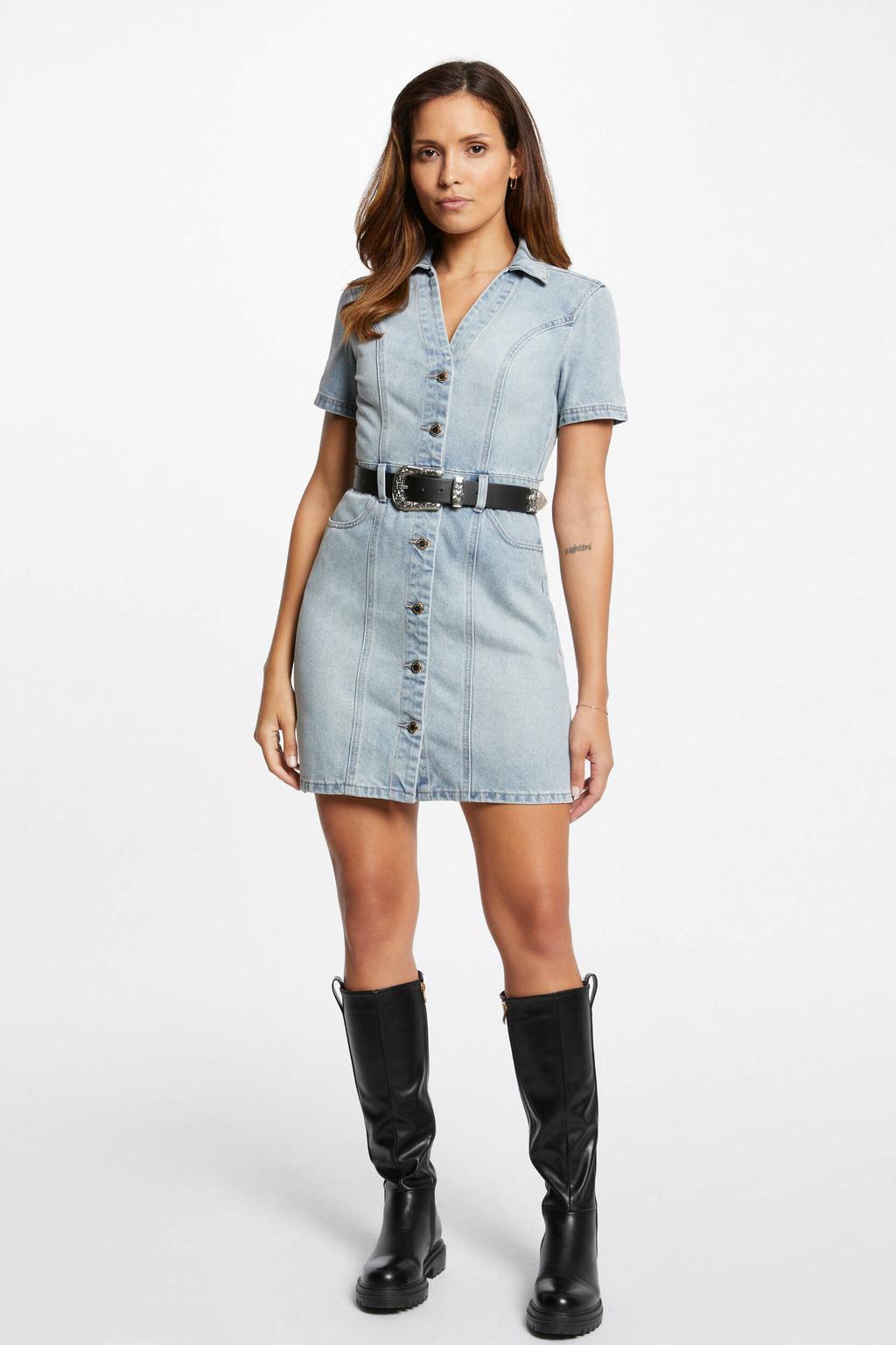 Light blue denim dames Morgan blousejurk van denim met effen, korte mouwen, V-hals, knoopsluiting en riemlussen