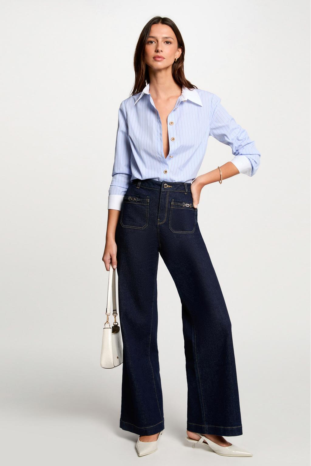 Lichtblauw en witte dames Morgan gestreepte blouse van polyester met lange mouwen, klassieke kraag en knoopsluiting