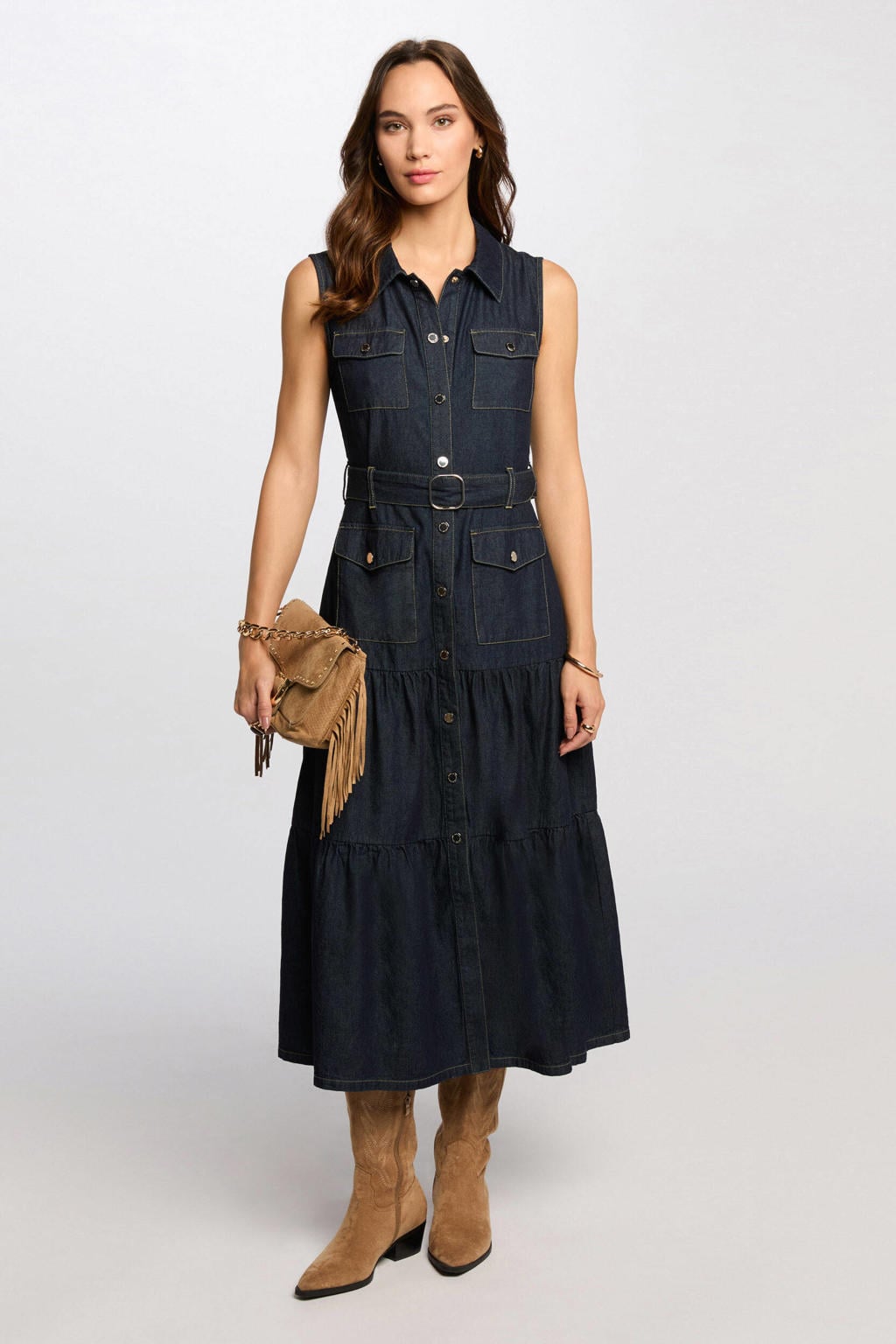 Dark blue denim dames Morgan blousejurk van denim met effen, klassieke kraag, knoopsluiting en ceintuur