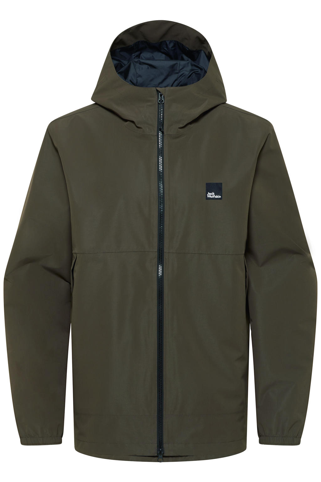 Donkergroene heren Jack Wolfskin regenjas van polyester met lange mouwen, capuchon en 2-way rits