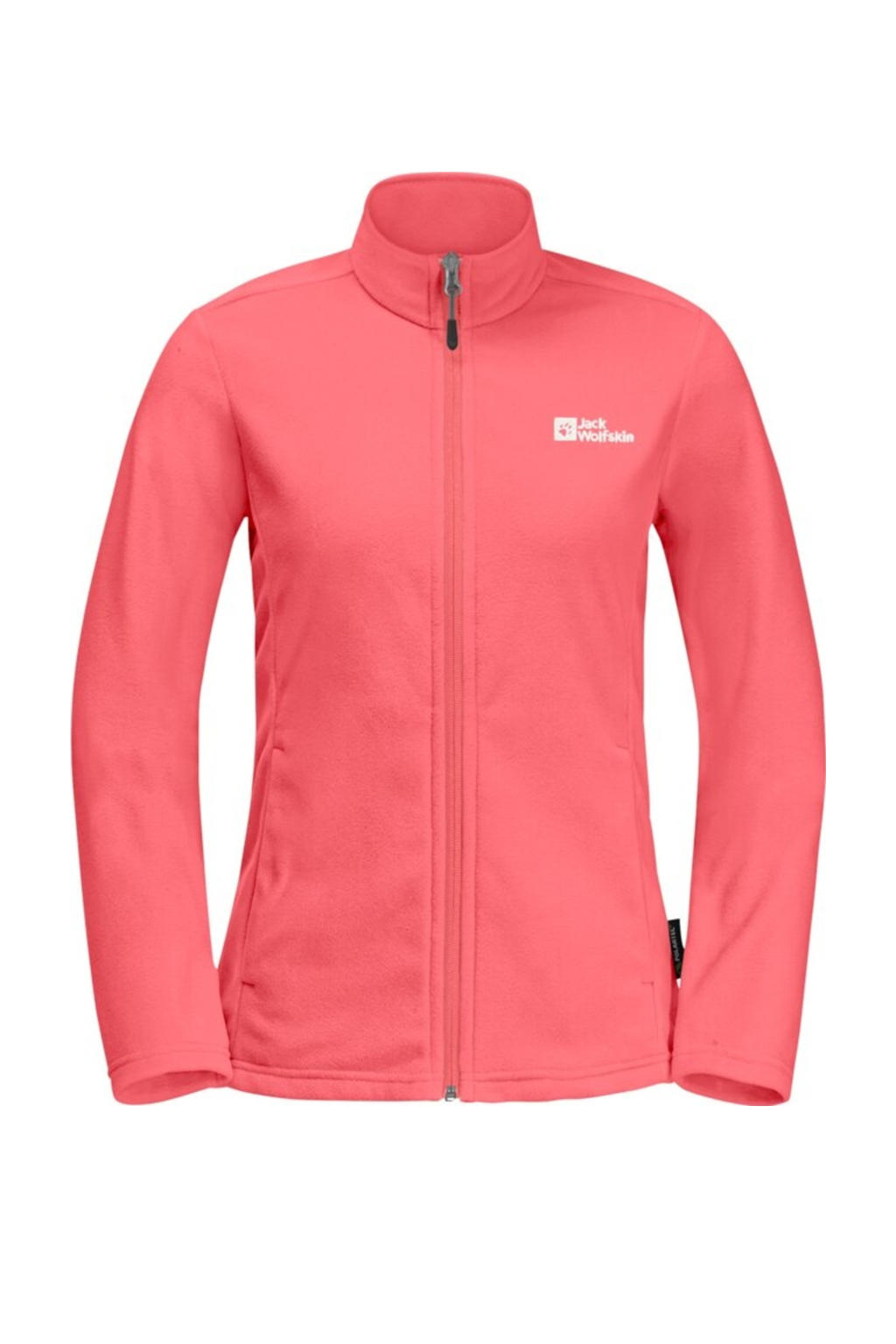 Koraalrode dames Jack Wolfskin outdoor vest met effen, lange mouwen, opstaande kraag en ritssluiting