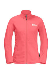 thumbnail: Koraalrode dames Jack Wolfskin outdoor vest met effen, lange mouwen, opstaande kraag en ritssluiting