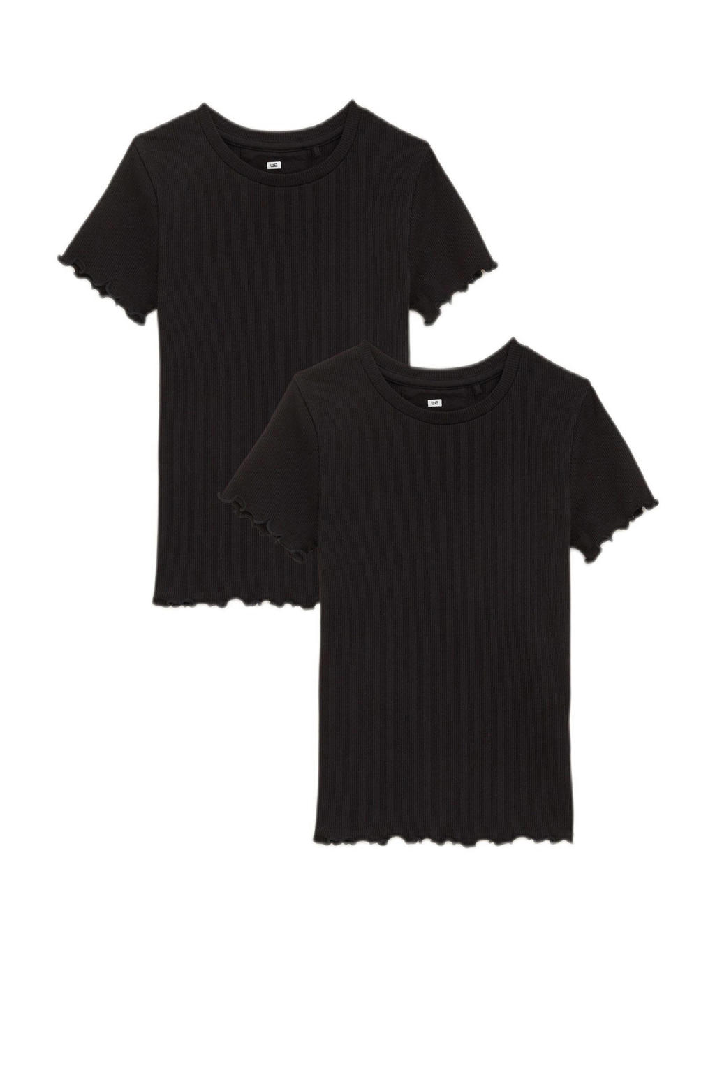 Set van 2 zwarte meisjes WE Fashion T-shirt van stretchkatoen met effen, korte mouwen, ronde hals en rib gebreide details