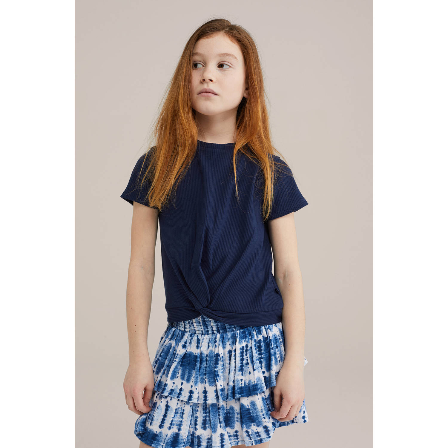 WE Fashion T-shirt donkerblauw rib gebreid