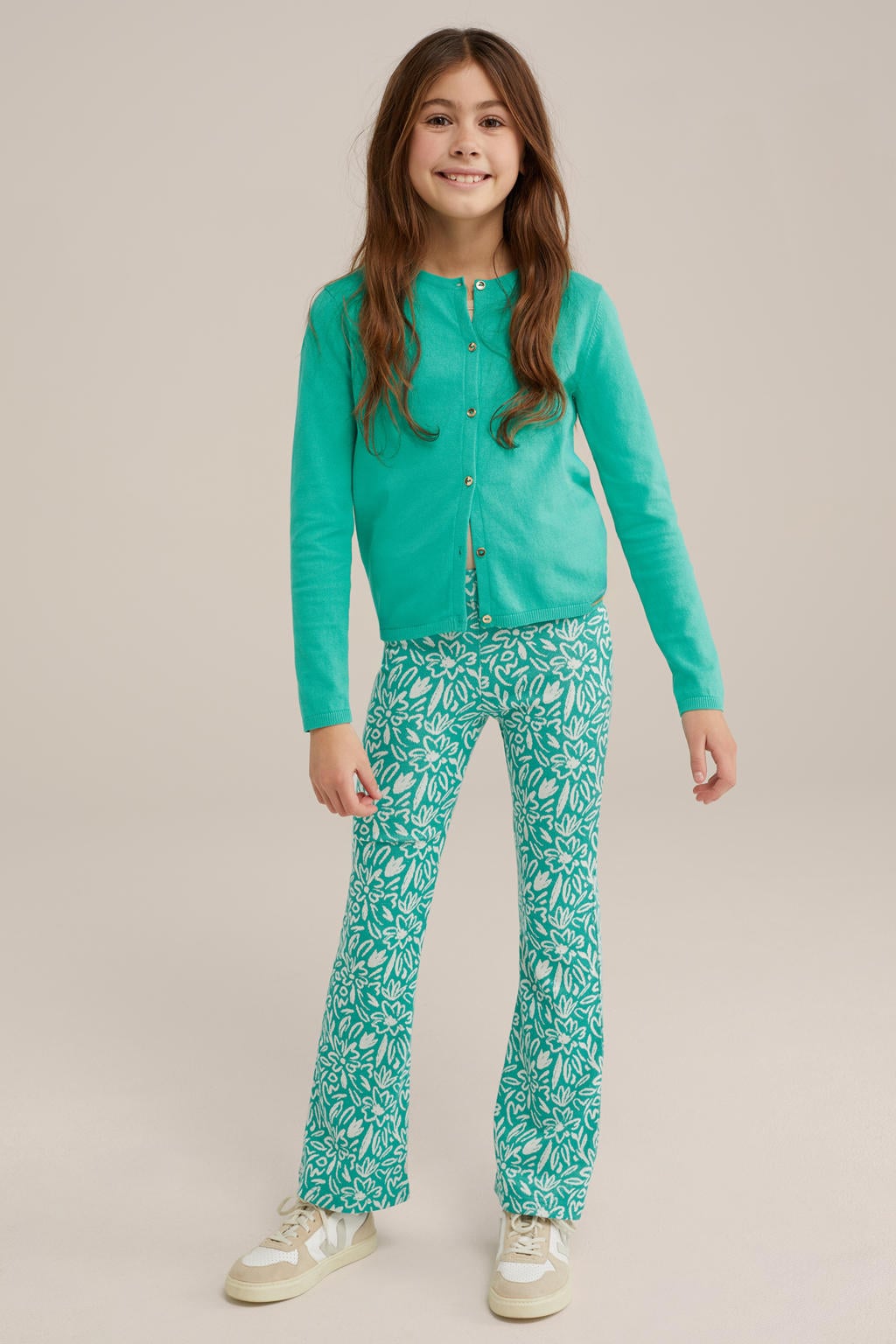 Blauwe meisjes WE Fashion vest fijn gebreid van katoen met effen, lange mouwen, ronde hals en knoopsluiting