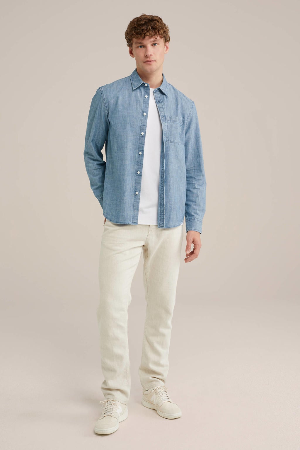 Lichtblauwe heren WE Fashion casual overhemd van denim met effen, lange mouwen, klassieke kraag en knoopsluiting