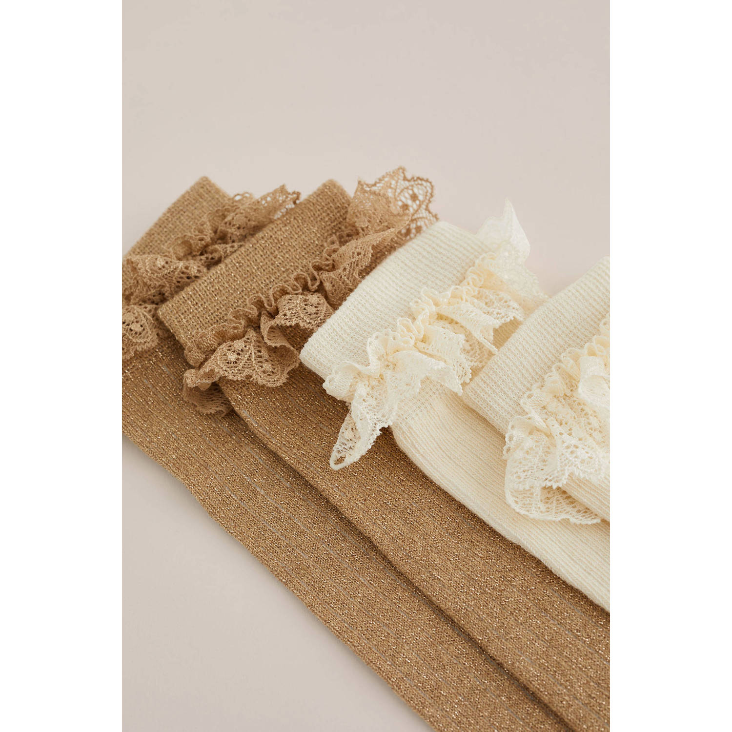 WE Fashion kniesokken met ruches set van 2 goud beige