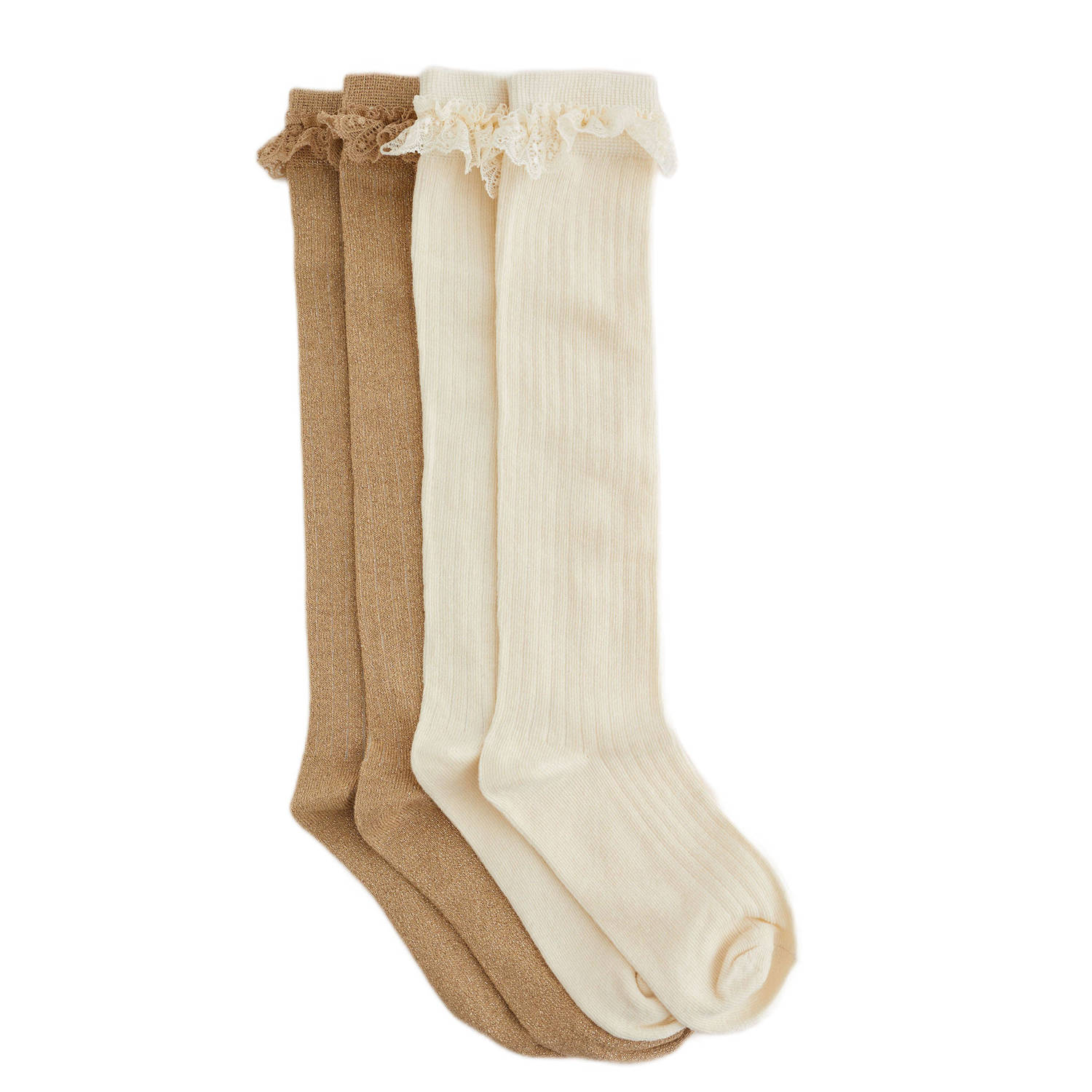 WE Fashion kniesokken met ruches set van 2 goud beige