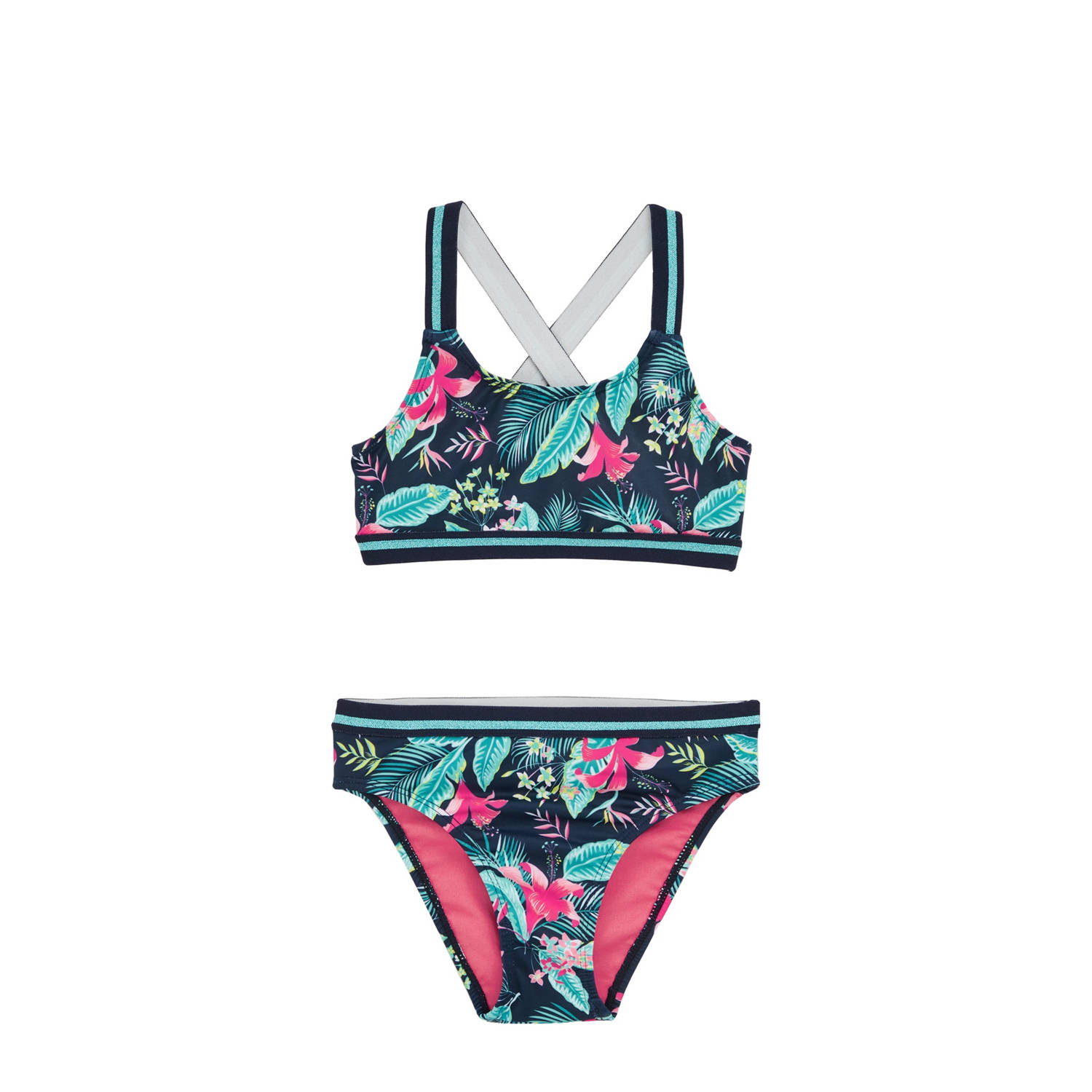WE Fashion crop bikini met ruches donkerblauw roze turquoise