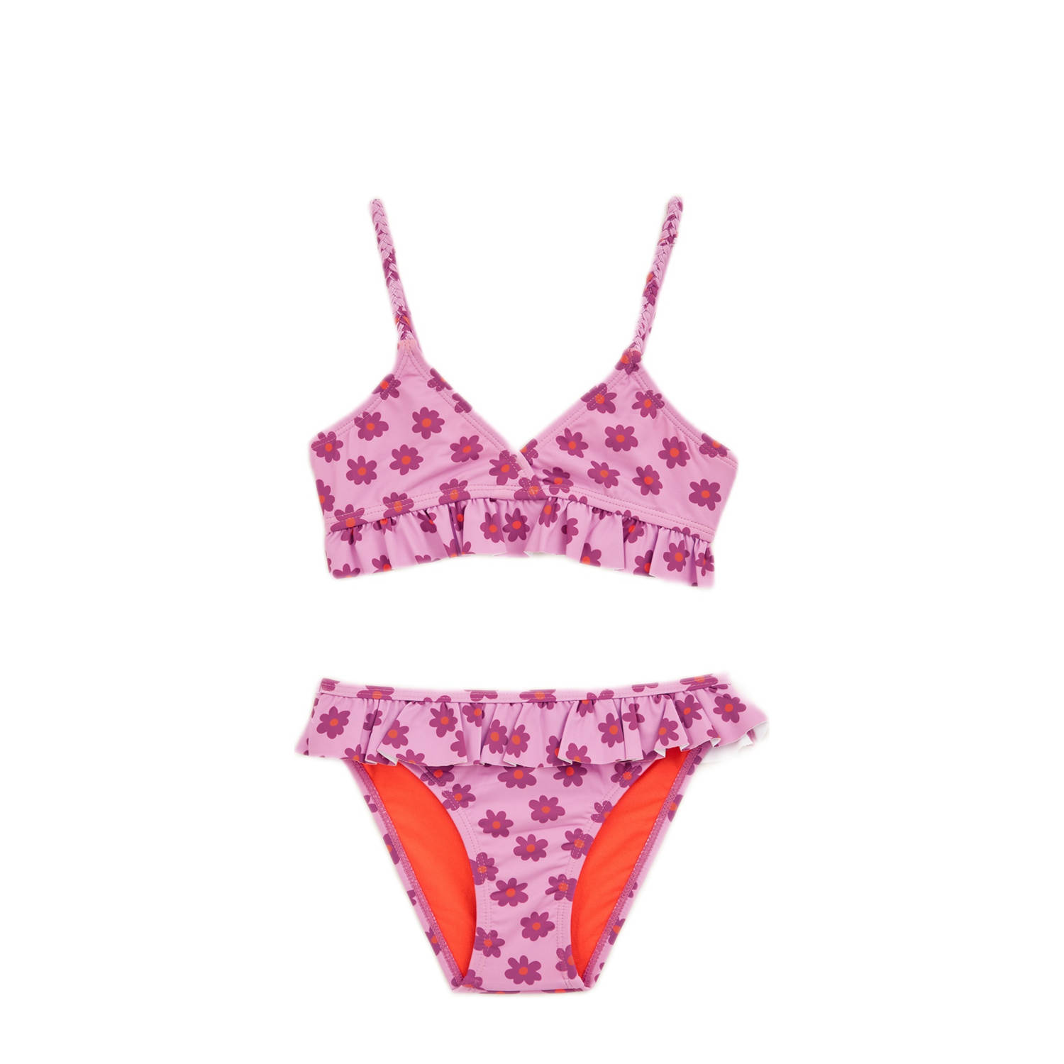 WE Fashion bikini met ruches lichtroze donkerroze oranje