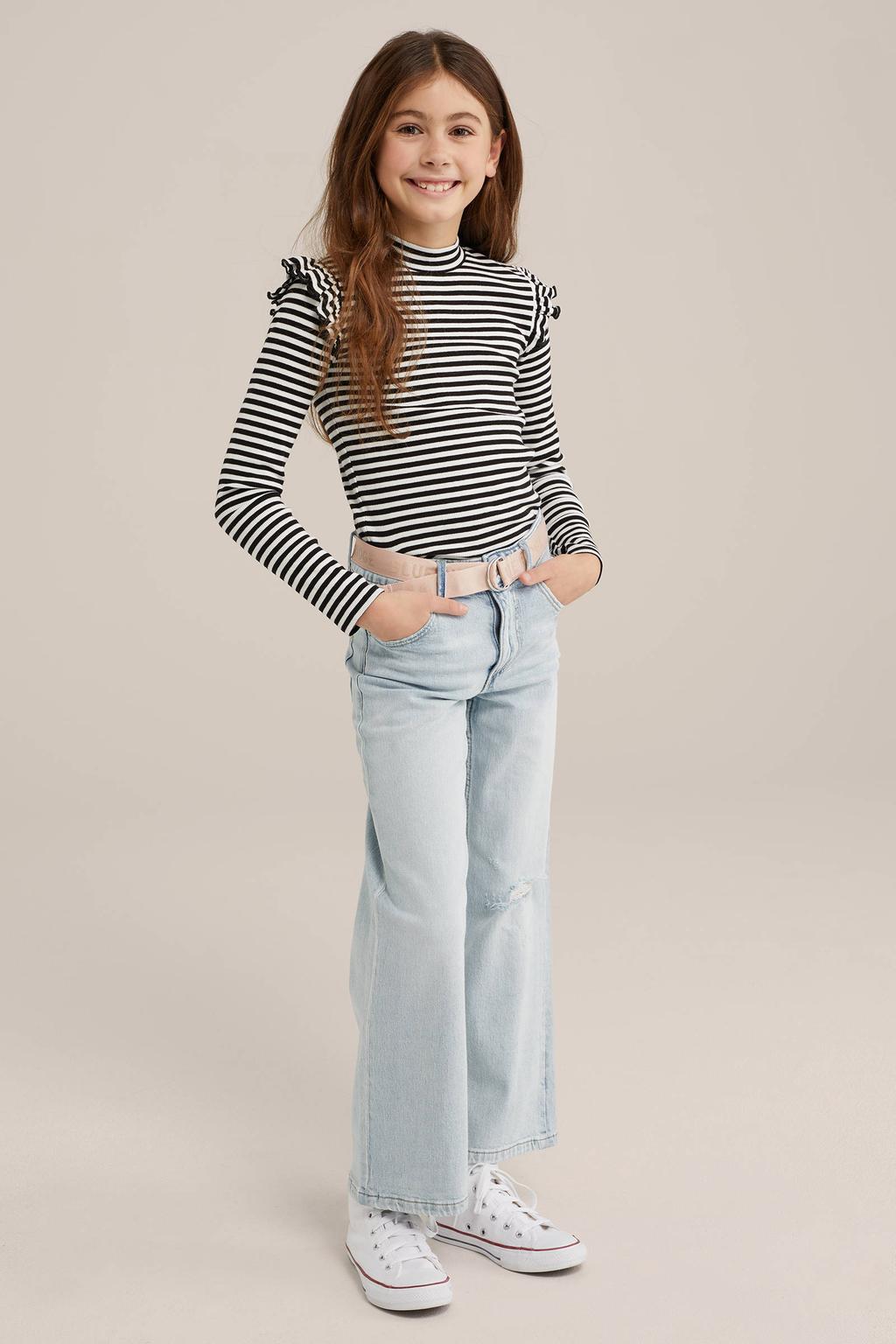 Zwarte meisjes WE Fundamentals longsleeve van stretchkatoen met effen, lange mouwen, ronde hals en ruches