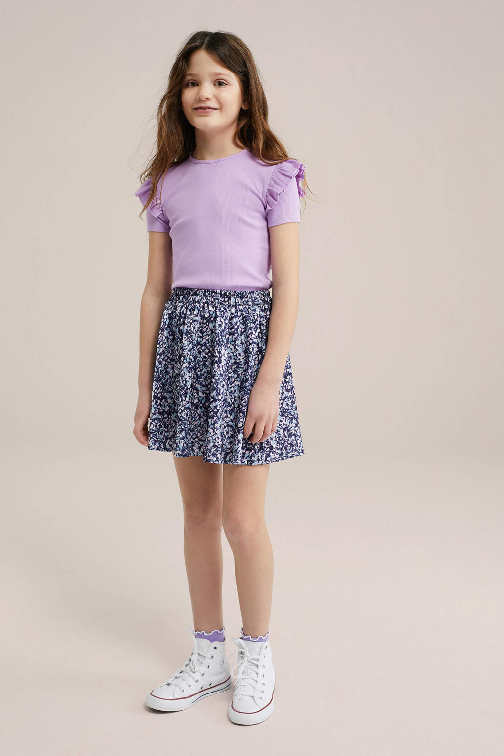 Lilakleurige meisjes WE Fashion T-shirt van stretchkatoen met effen, korte mouwen, ronde hals en ruches