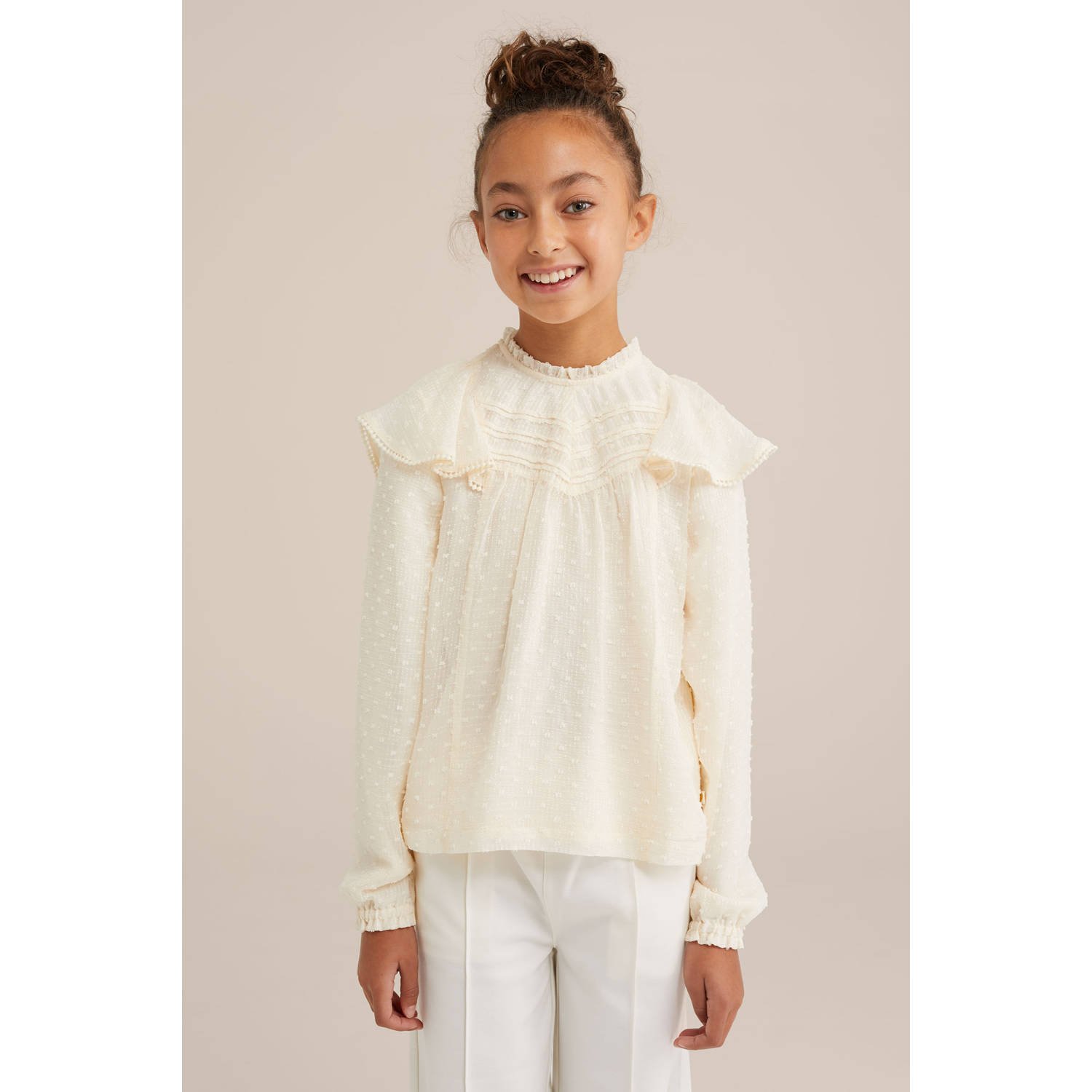WE Fashion lange mouwen top met ruches ecru