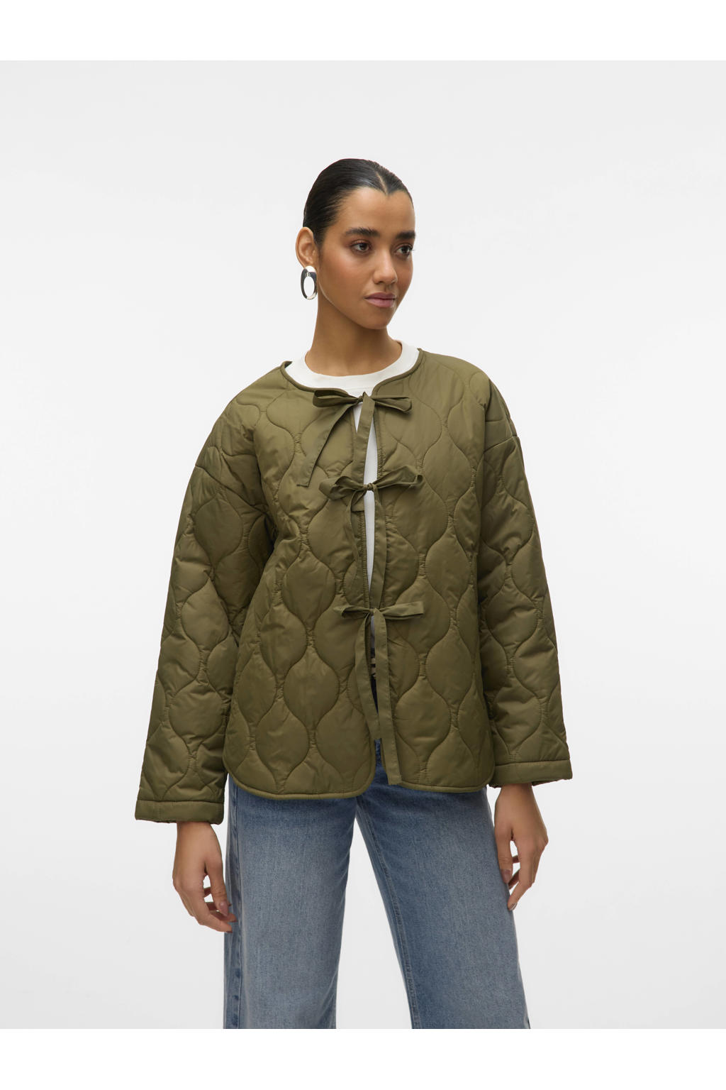 Donkergroene dames VERO MODA zomerjas quilted van polyamide met effen, lange mouwen, ronde hals en striksluiting