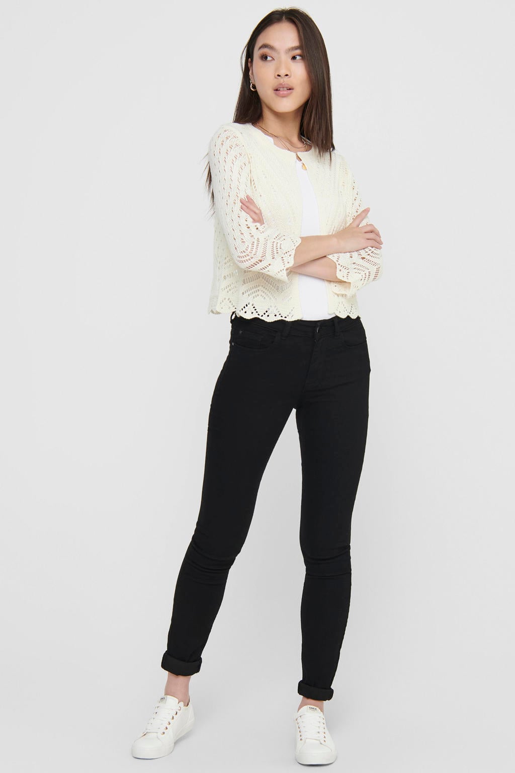 Witte dames JDY crochet vest van acryl met effen, driekwart mouwen, ronde hals en gebreide details
