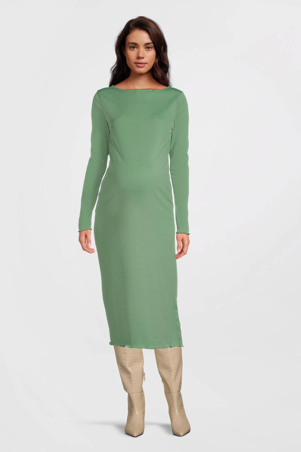 Groene dames MAMALICIOUS zwangerschaps midi jurk van polyester met effen, lange mouwen en ronde hals